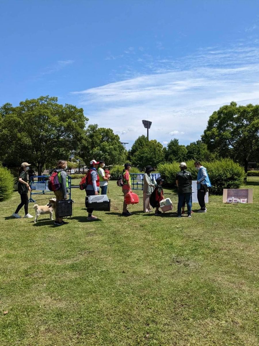 公園でのペット同行避難訓練。参加者がキャリーやリードを持って集まっている